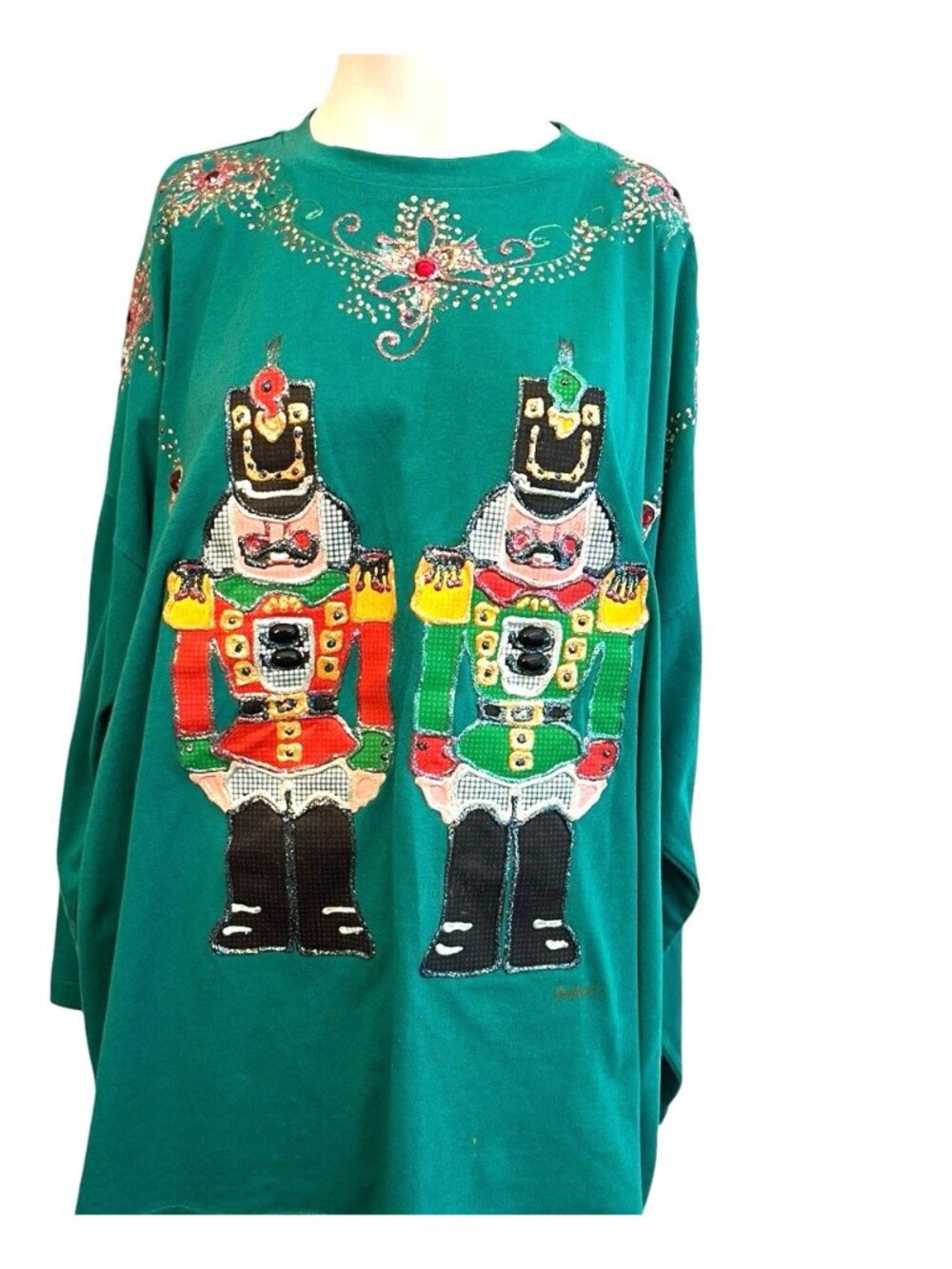 Womens 2X Green Nutcracker Sequin Paint Jeweled Long Sleeve T Shirt Vintage